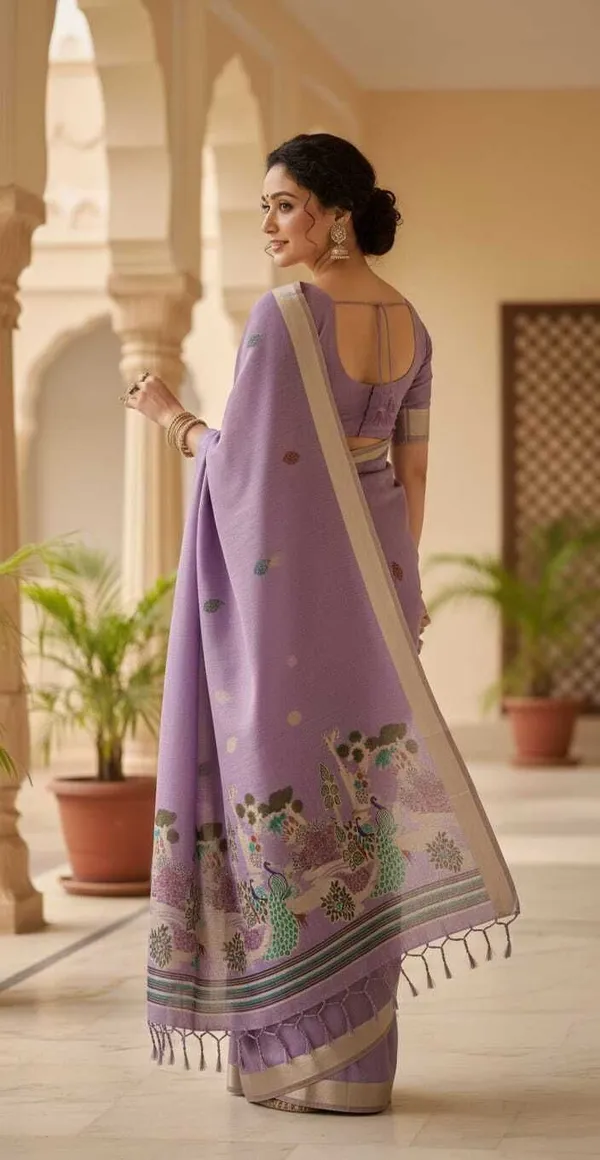 Rutexafashion_Printed_Floral_Print_Jamdani_Cotton_Blend_Saree_Purple