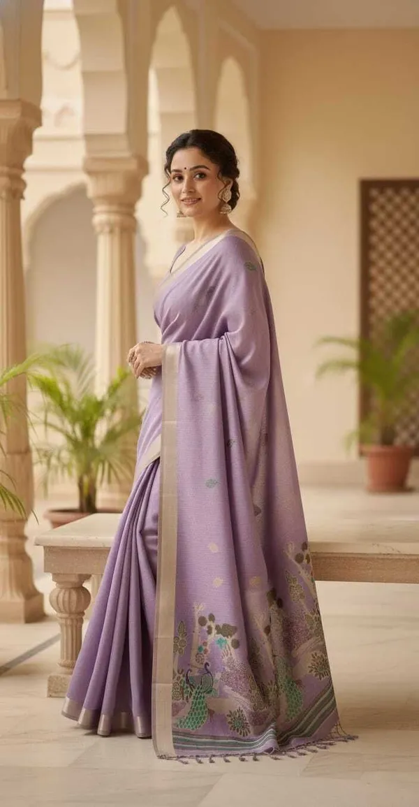 Rutexafashion_Printed_Floral_Print_Jamdani_Cotton_Blend_Saree_Purple