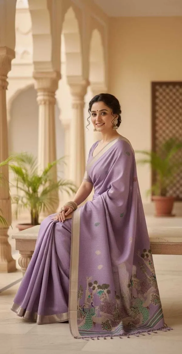 Rutexafashion_Printed_Floral_Print_Jamdani_Cotton_Blend_Saree_Purple