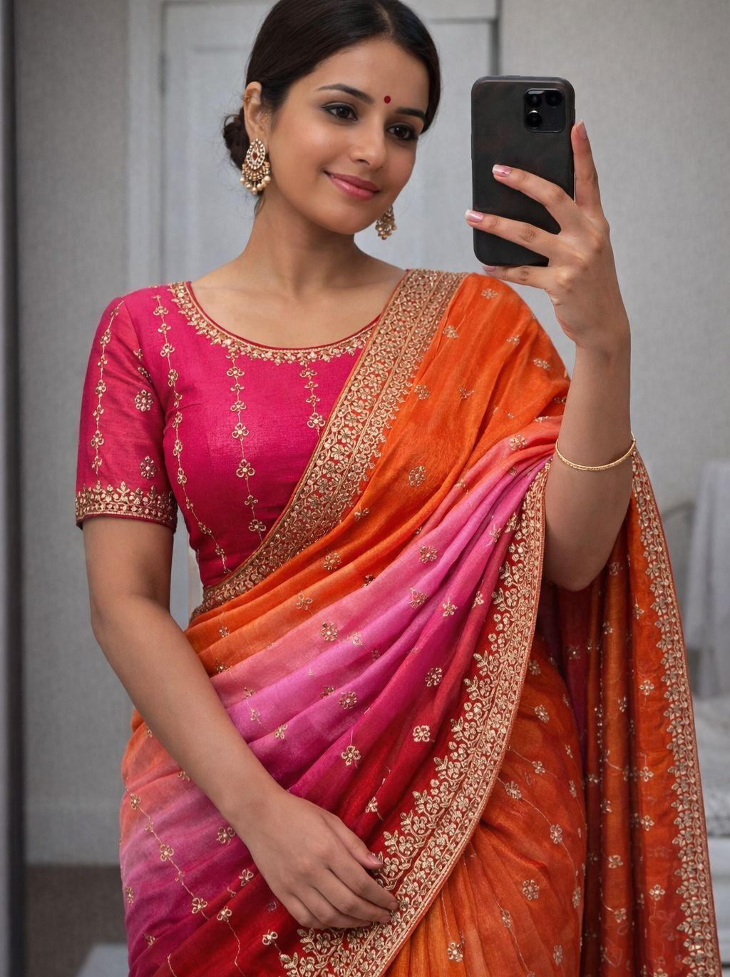 Rutexa_Fashion_Dyed_Color_Block_Embroidered_Jamdani_Chinnon_Saree_With_Semistitched_Blouse_Pink_And_Orange