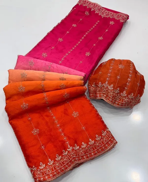 Rutexa_Fashion_Dyed_Color_Block_Embroidered_Jamdani_Chinnon_Saree_With_Semistitched_Blouse_Pink_And_Orange
