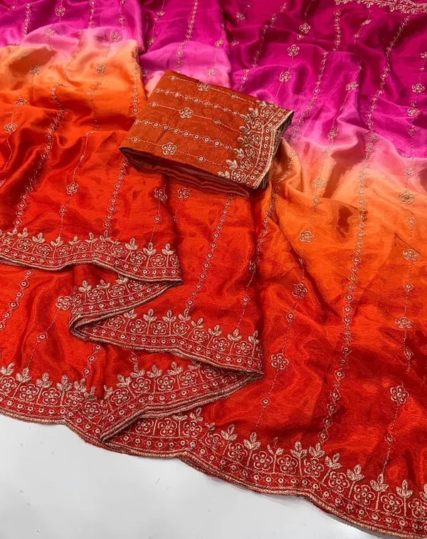 Rutexa_Fashion_Dyed_Color_Block_Embroidered_Jamdani_Chinnon_Saree_With_Semistitched_Blouse_Pink_And_Orange