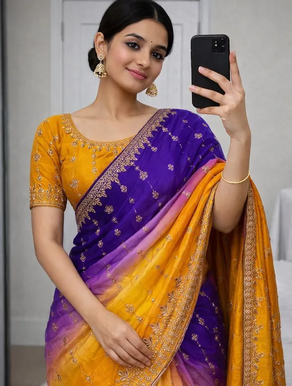 Rutexa_Fashion_Dyed_Color_Block_Embroidered_Jamdani_Chiffon_Saree_With_Semistitched_Blouse_Yellow_And_Violet