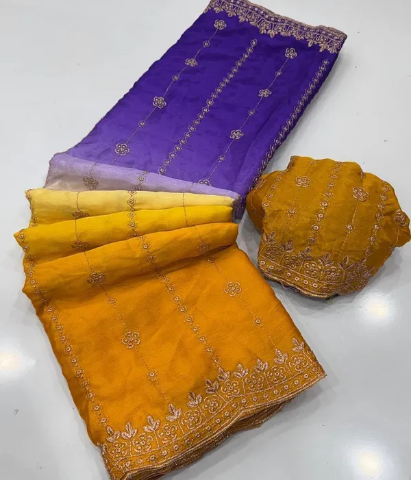 Rutexa_Fashion_Dyed_Color_Block_Embroidered_Jamdani_Chiffon_Saree_With_Semistitched_Blouse_Yellow_And_Violet