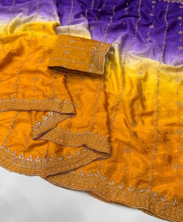 Rutexa_Fashion_Dyed_Color_Block_Embroidered_Jamdani_Chiffon_Saree_With_Semistitched_Blouse_Yellow_And_Violet