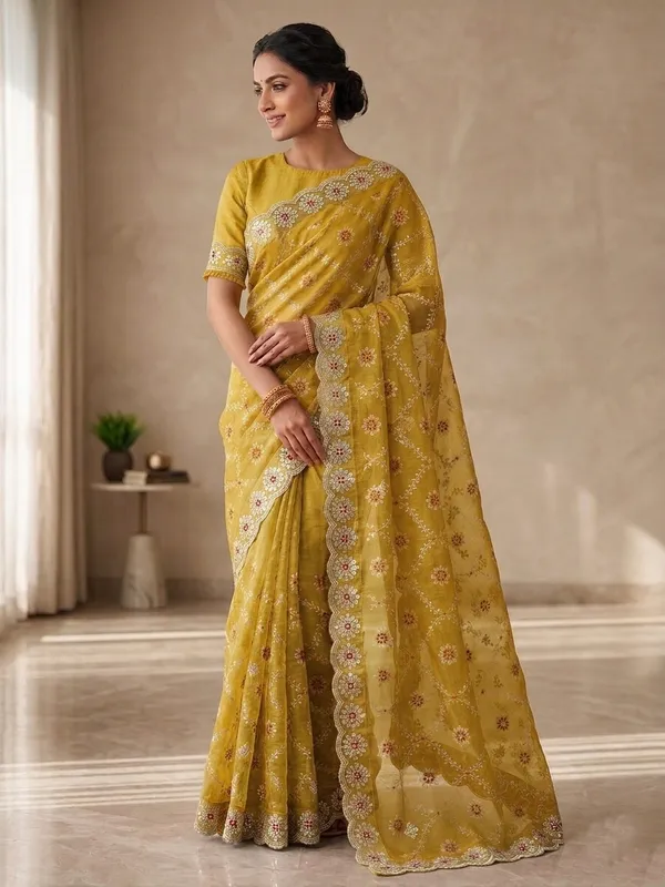 Embroidered_Organza_Saree_With_Embellished_Border_And_Blouse_Yellow
