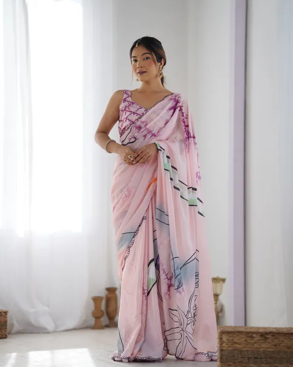 Purple_And_Light_Pink_Pure_Chinon_Digital_Print_Saree_With_Mirror_Work_Scallop_Border_For_Women