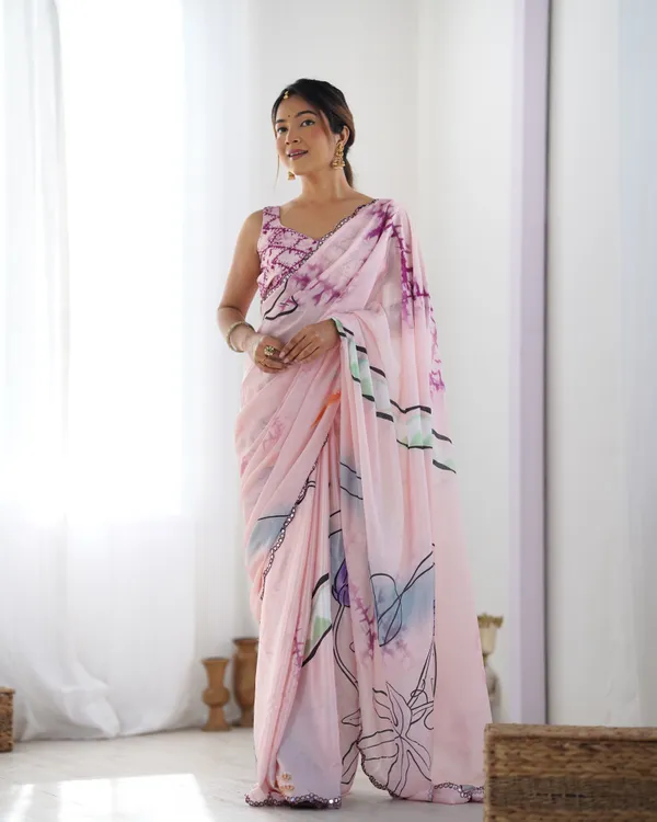 Purple_And_Light_Pink_Pure_Chinon_Digital_Print_Saree_With_Mirror_Work_Scallop_Border_For_Women
