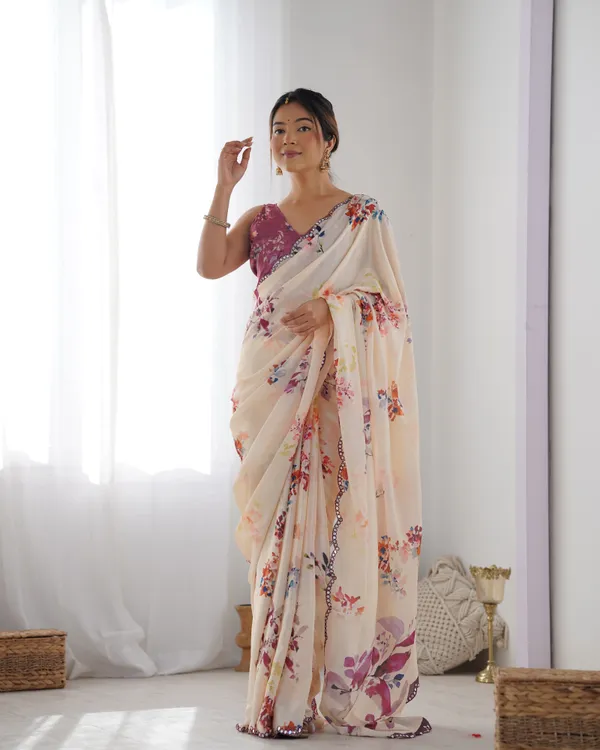 Cream_And_Purple_Pure_Chinon_Digital_Print_Saree_With_Mirror_Work_Scallop_Border_For_Women
