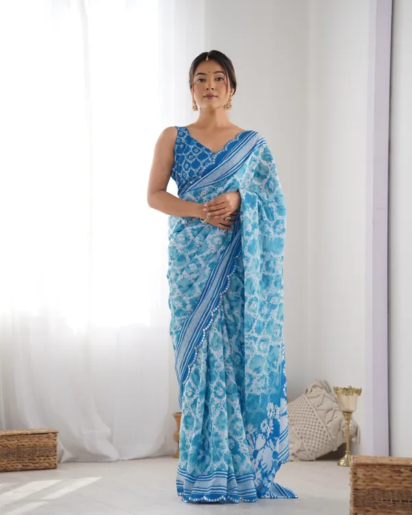 Blue_And_White_Pure_Chinon_Digital_Print_Saree_With_Mirror_Work_Scallop_Border_For_Women