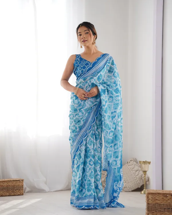 Blue_And_White_Pure_Chinon_Digital_Print_Saree_With_Mirror_Work_Scallop_Border_For_Women