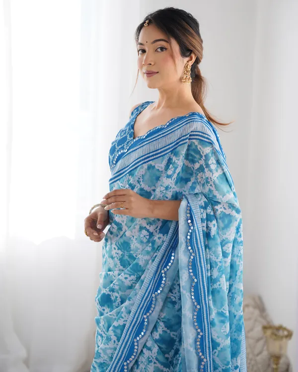 Blue_And_White_Pure_Chinon_Digital_Print_Saree_With_Mirror_Work_Scallop_Border_For_Women