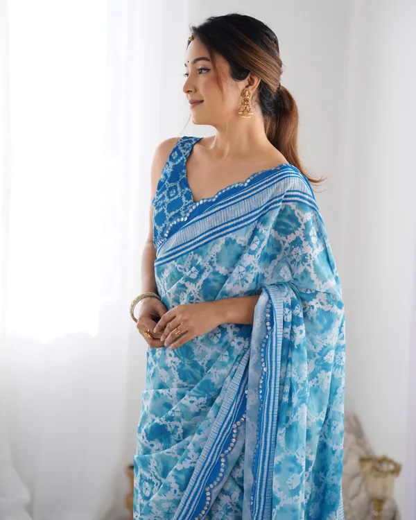 Blue_And_White_Pure_Chinon_Digital_Print_Saree_With_Mirror_Work_Scallop_Border_For_Women