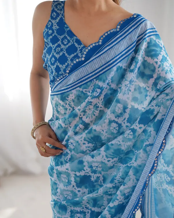 Blue_And_White_Pure_Chinon_Digital_Print_Saree_With_Mirror_Work_Scallop_Border_For_Women
