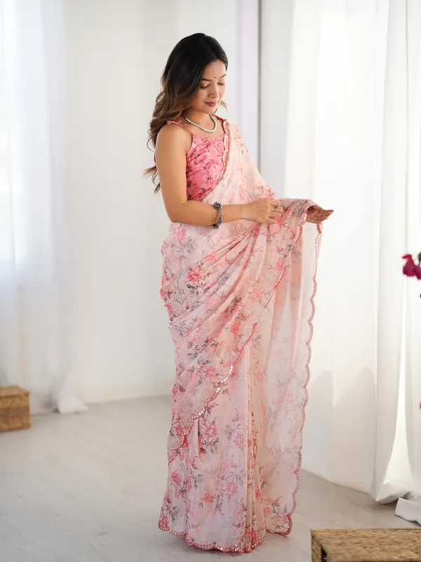 Peach_And_Pink_Pure_Chinon_Digital_Print_Saree_With_Mirror_Work_Scallop_Border_For_Women