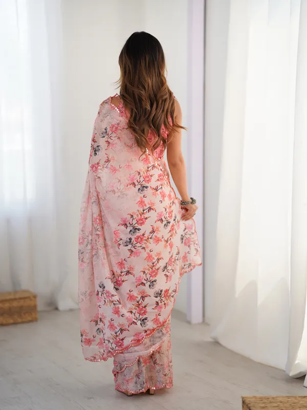 Peach_And_Pink_Pure_Chinon_Digital_Print_Saree_With_Mirror_Work_Scallop_Border_For_Women