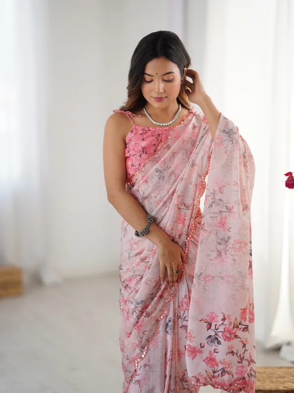 Peach_And_Pink_Pure_Chinon_Digital_Print_Saree_With_Mirror_Work_Scallop_Border_For_Women