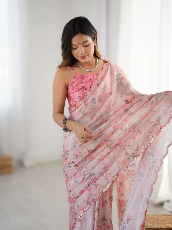 Peach_And_Pink_Pure_Chinon_Digital_Print_Saree_With_Mirror_Work_Scallop_Border_For_Women