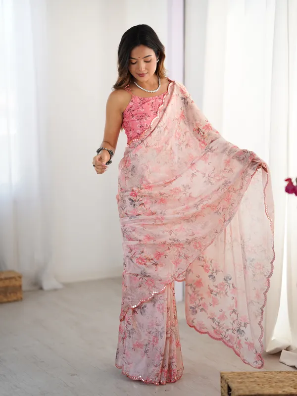 Peach_And_Pink_Pure_Chinon_Digital_Print_Saree_With_Mirror_Work_Scallop_Border_For_Women