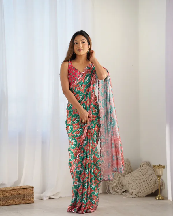 Green_And_Pink_Pure_Chinon_Digital_Print_Saree_With_Mirror_Work_Scallop_Border_For_Women