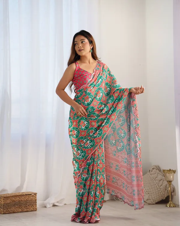 Green_And_Pink_Pure_Chinon_Digital_Print_Saree_With_Mirror_Work_Scallop_Border_For_Women