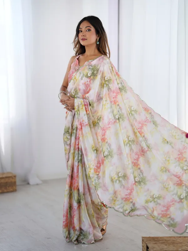 Green_And_Pink_Pure_Chinon_Digital_Print_Saree_With_Mirror_Work_Scallop_Border_For_Women