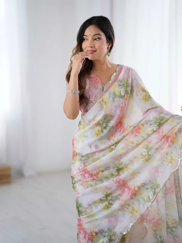 Green_And_Pink_Pure_Chinon_Digital_Print_Saree_With_Mirror_Work_Scallop_Border_For_Women