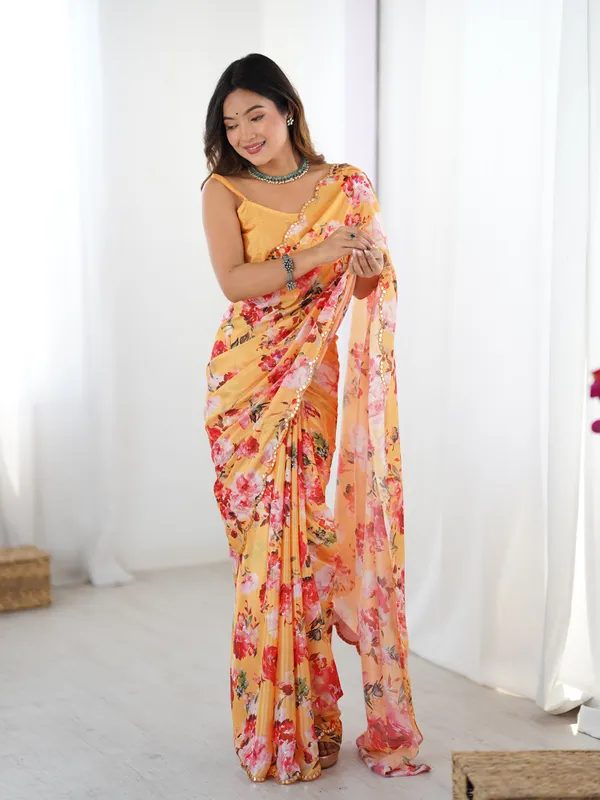 Yellow_Pure_Chinon_Digital_Print_Saree_With_Mirror_Work_Scallop_Border_For_Women