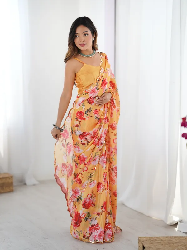 Yellow_Pure_Chinon_Digital_Print_Saree_With_Mirror_Work_Scallop_Border_For_Women