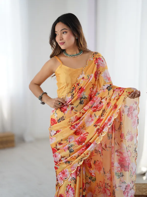 Yellow_Pure_Chinon_Digital_Print_Saree_With_Mirror_Work_Scallop_Border_For_Women