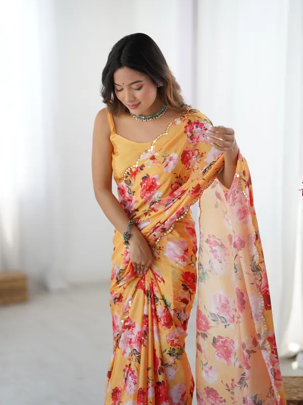 Yellow_Pure_Chinon_Digital_Print_Saree_With_Mirror_Work_Scallop_Border_For_Women