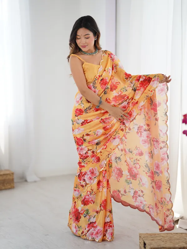 Yellow_Pure_Chinon_Digital_Print_Saree_With_Mirror_Work_Scallop_Border_For_Women