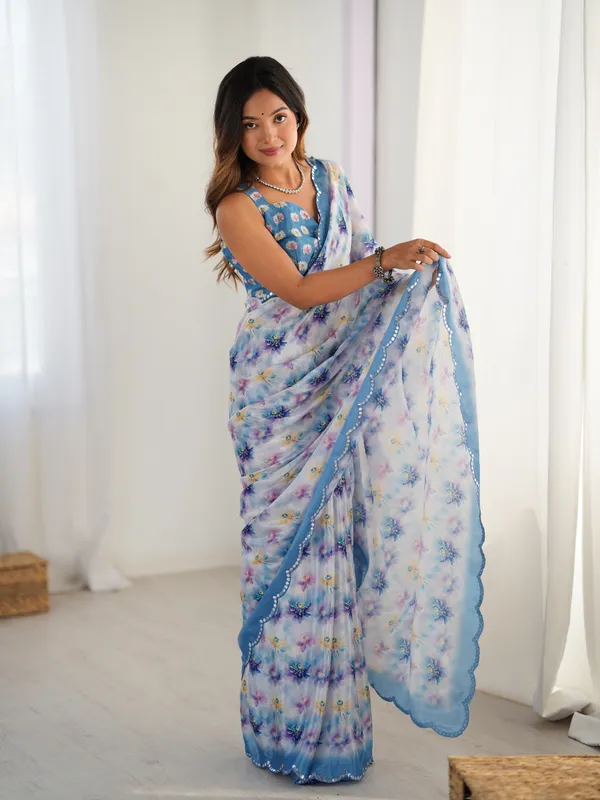 Blue_And_White_Pure_Chinon_Digital_Print_Saree_With_Mirror_Work_Scallop_Border_For_Women
