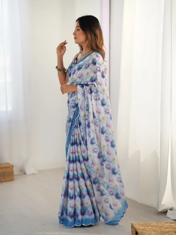 Blue_And_White_Pure_Chinon_Digital_Print_Saree_With_Mirror_Work_Scallop_Border_For_Women