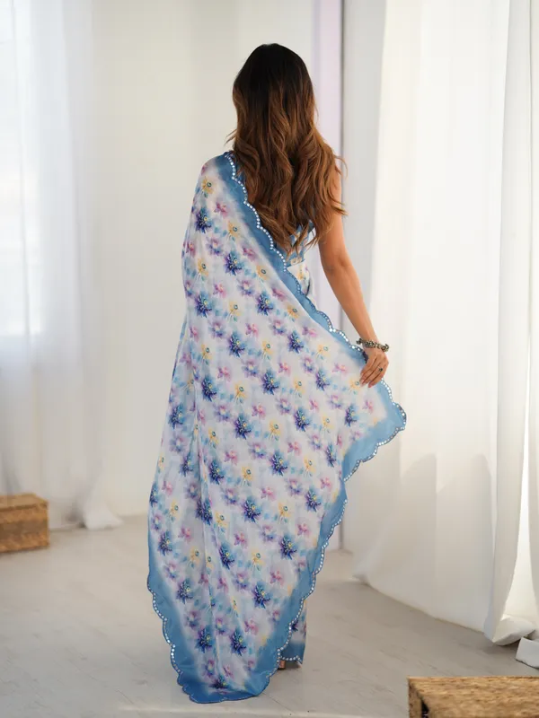Blue_And_White_Pure_Chinon_Digital_Print_Saree_With_Mirror_Work_Scallop_Border_For_Women