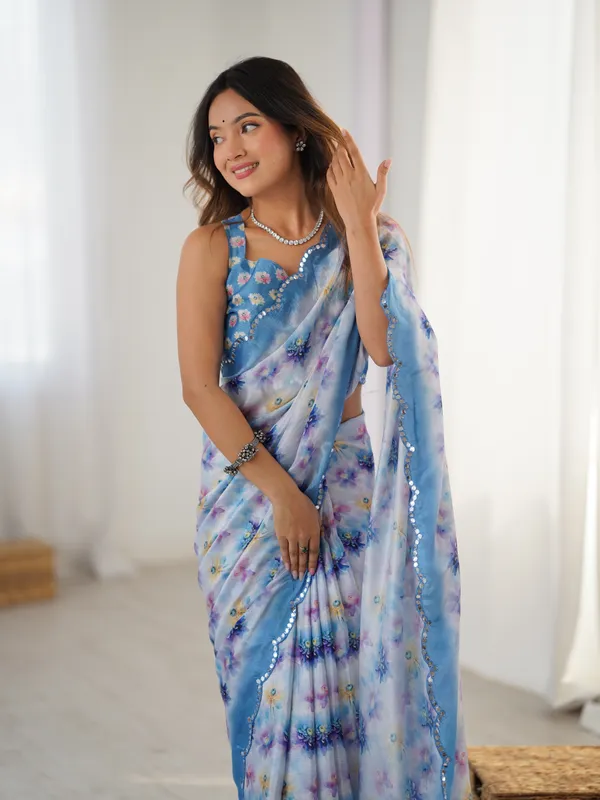 Blue_And_White_Pure_Chinon_Digital_Print_Saree_With_Mirror_Work_Scallop_Border_For_Women