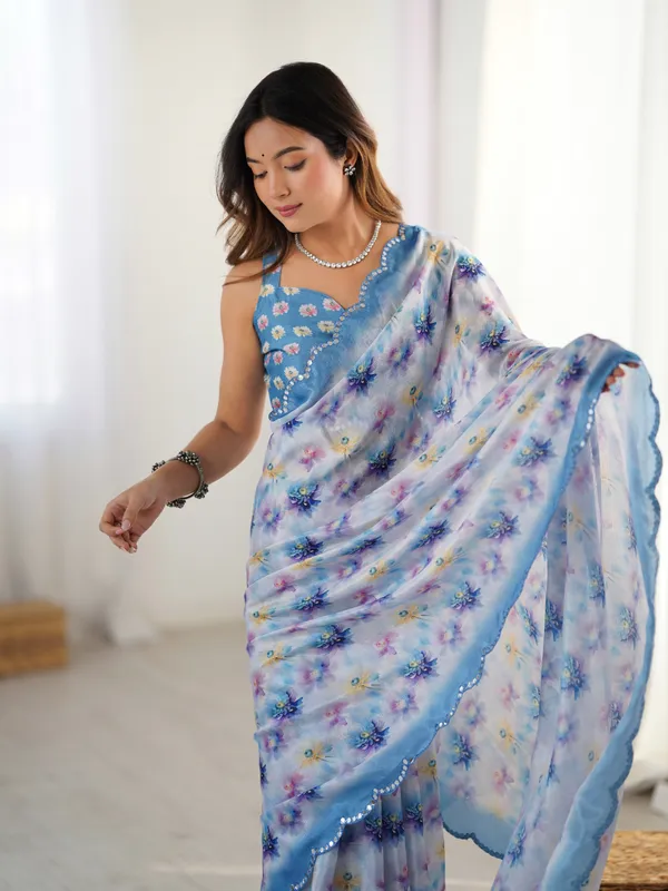 Blue_And_White_Pure_Chinon_Digital_Print_Saree_With_Mirror_Work_Scallop_Border_For_Women
