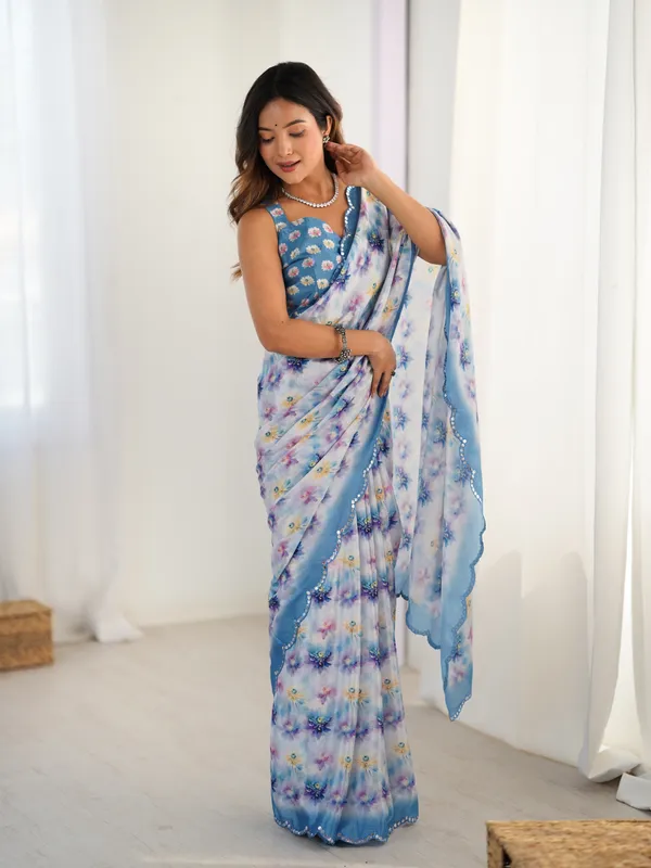 Blue_And_White_Pure_Chinon_Digital_Print_Saree_With_Mirror_Work_Scallop_Border_For_Women