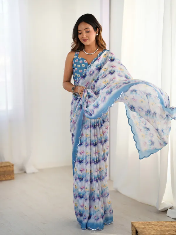 Blue_And_White_Pure_Chinon_Digital_Print_Saree_With_Mirror_Work_Scallop_Border_For_Women