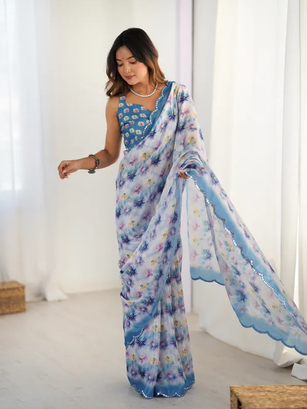 Blue_And_White_Pure_Chinon_Digital_Print_Saree_With_Mirror_Work_Scallop_Border_For_Women