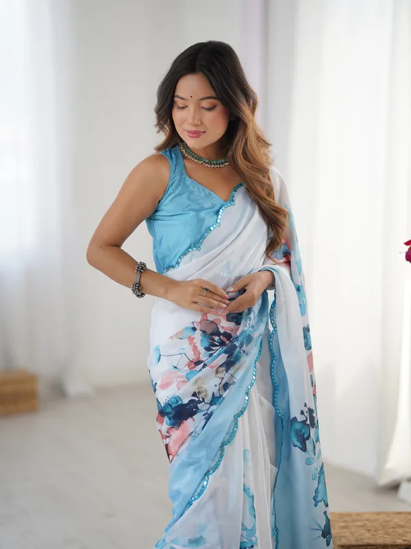 Blue_And_White_Pure_Chinon_Digital_Print_Saree_With_Mirror_Work_Scallop_Border_For_Women