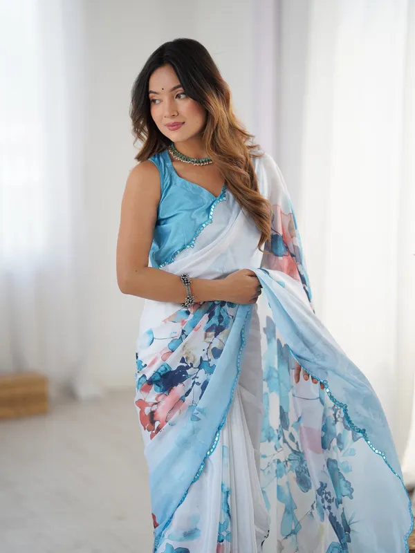 Blue_And_White_Pure_Chinon_Digital_Print_Saree_With_Mirror_Work_Scallop_Border_For_Women