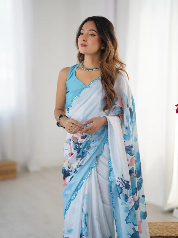 Blue_And_White_Pure_Chinon_Digital_Print_Saree_With_Mirror_Work_Scallop_Border_For_Women