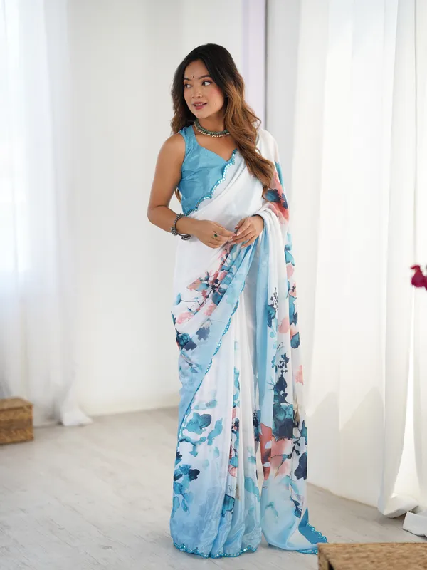 Blue_And_White_Pure_Chinon_Digital_Print_Saree_With_Mirror_Work_Scallop_Border_For_Women