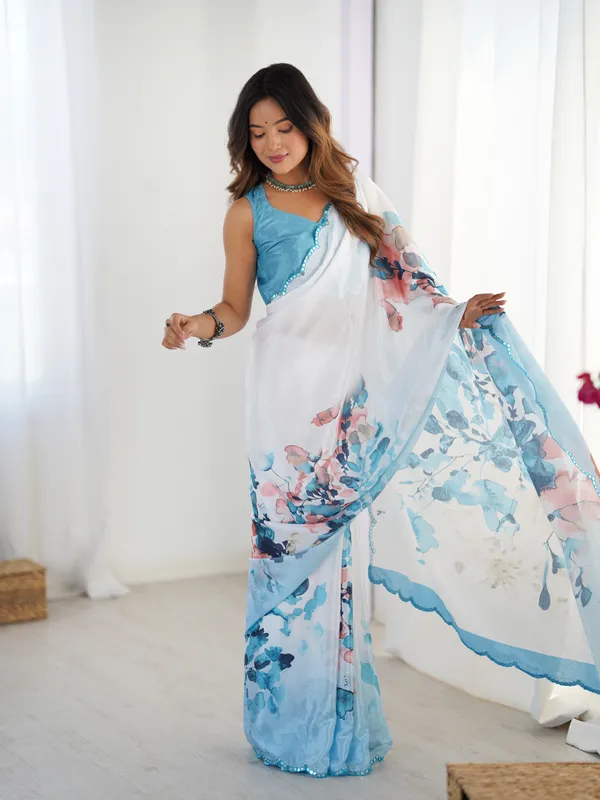 Blue_And_White_Pure_Chinon_Digital_Print_Saree_With_Mirror_Work_Scallop_Border_For_Women
