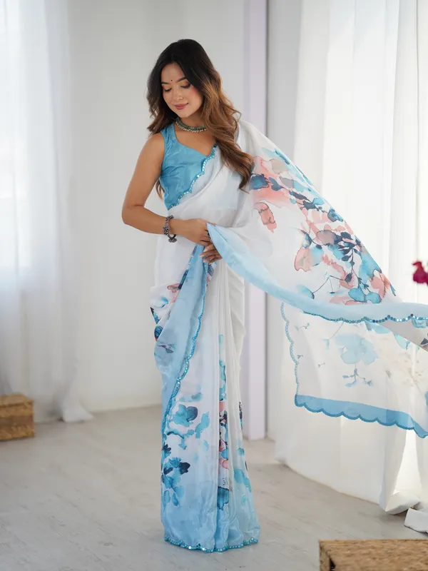Blue_And_White_Pure_Chinon_Digital_Print_Saree_With_Mirror_Work_Scallop_Border_For_Women
