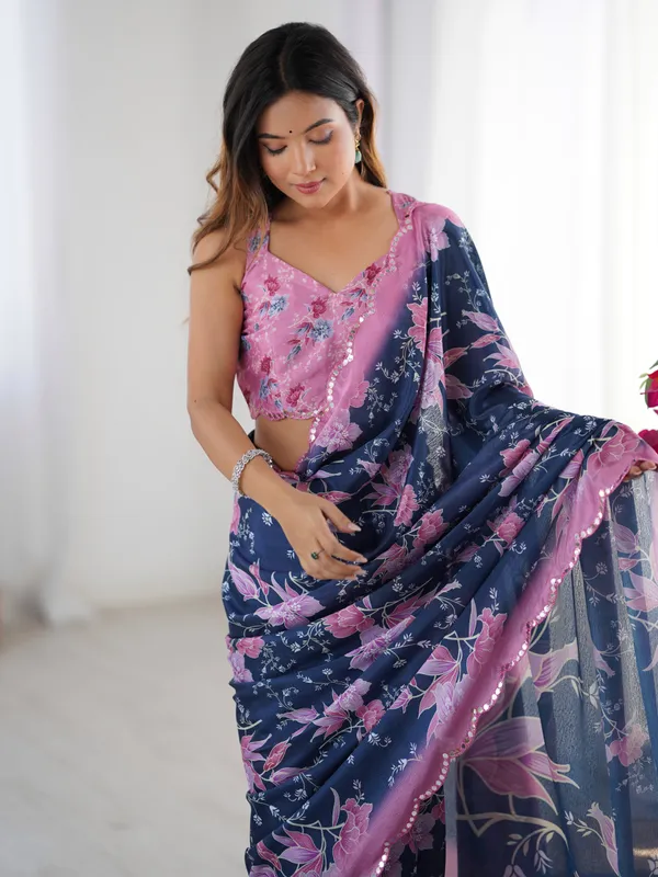Navy_And_Purple_Pure_Chinon_Digital_Print_Saree_With_Mirror_Work_Scallop_Border_For_Women