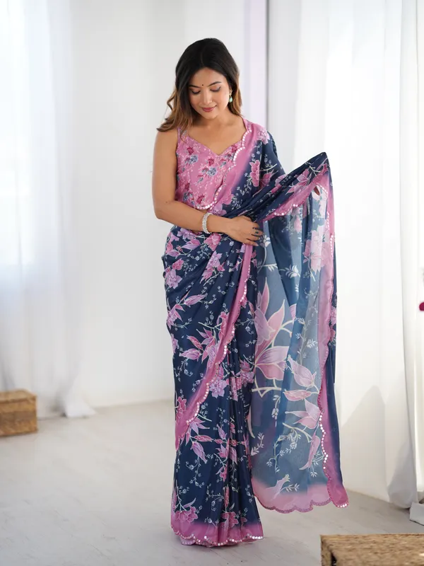 Navy_And_Purple_Pure_Chinon_Digital_Print_Saree_With_Mirror_Work_Scallop_Border_For_Women