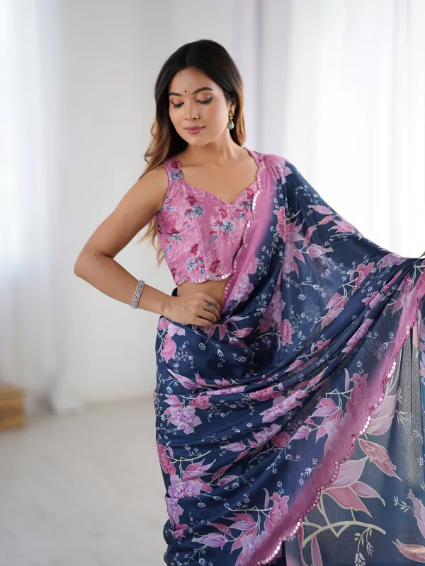 Navy_And_Purple_Pure_Chinon_Digital_Print_Saree_With_Mirror_Work_Scallop_Border_For_Women
