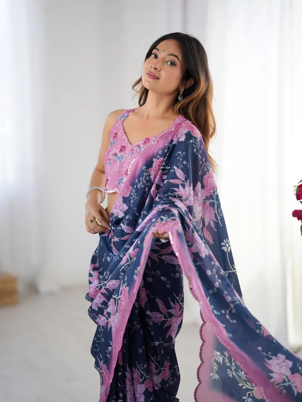Navy_And_Purple_Pure_Chinon_Digital_Print_Saree_With_Mirror_Work_Scallop_Border_For_Women